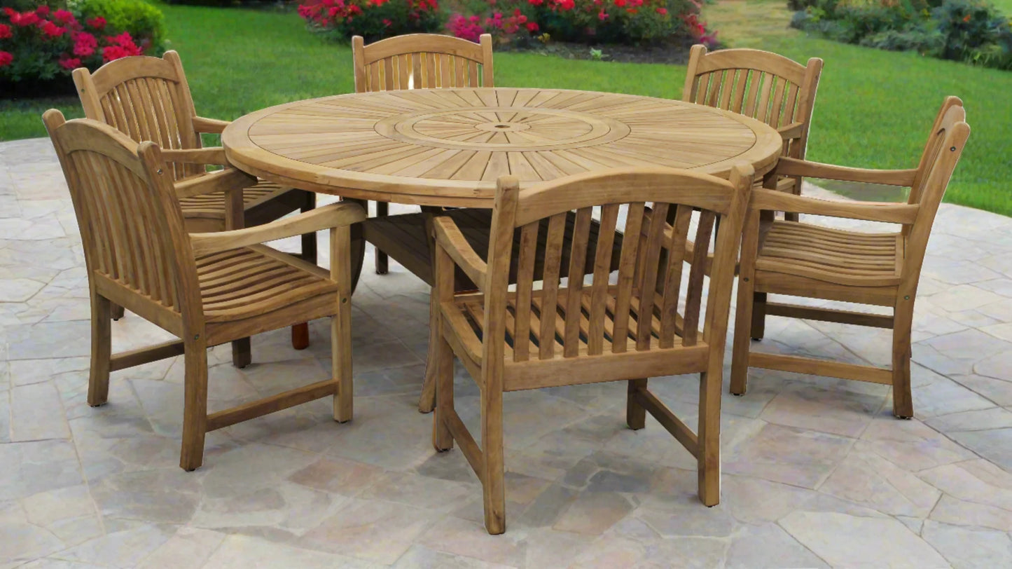 Komodo Teak 7pc Outdoor Dining Set (Teak 70" Round Table w Built-in Lazy Susan with 6 Teak Tista Armchairs