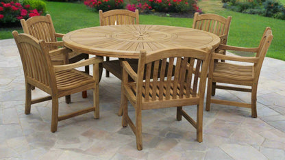 Komodo Teak 7pc Outdoor Dining Set (Teak 70" Round Table w Built-in Lazy Susan with 6 Teak Tista Armchairs