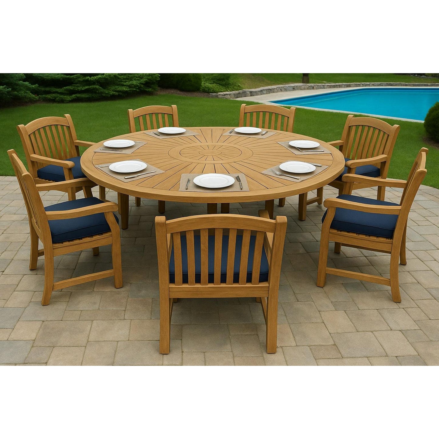 Komodo Teak 7pc Outdoor Dining Set (Teak 70" Round Table w Built-in Lazy Susan with 6 Teak Tista Armchairs