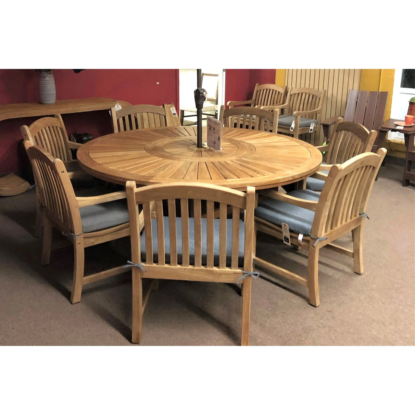 Komodo Teak 7pc Outdoor Dining Set (Teak 70" Round Table w Built-in Lazy Susan with 6 Teak Tista Armchairs