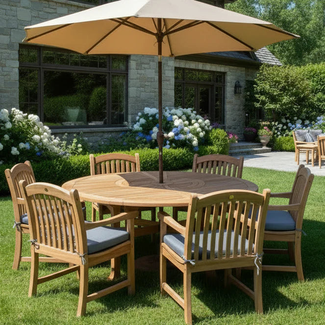 Komodo Teak 7pc Outdoor Dining Set (Teak 70" Round Table w Built-in Lazy Susan with 6 Teak Tista Armchairs